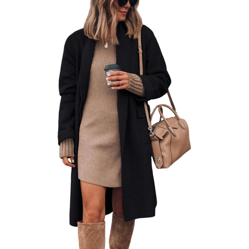 imageHooever Womens Long Cardigan Wool Coat Open Front Pockets Warm Lapel Jacket Coat Fall OuterwearBlack