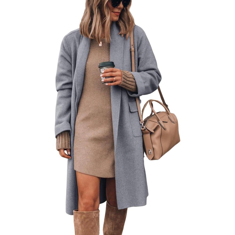 imageHooever Womens Long Cardigan Wool Coat Open Front Pockets Warm Lapel Jacket Coat Fall OuterwearGreyblue