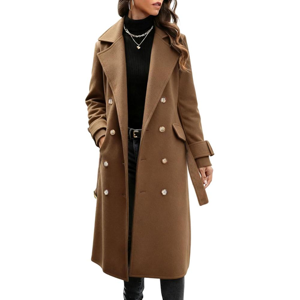 imageHooever Womens Long Wool Coat Fall Winter Notched Lapel Double Breasted Trench Coat Peacoat with BeltBrown