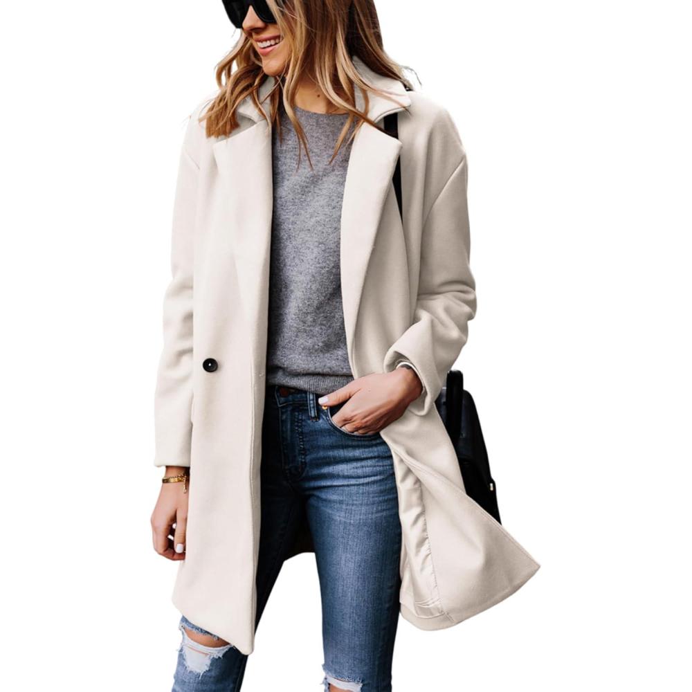 imageHooever Womens Notched Lapel Wool Coat Single Breasted Pea Coats Winter Wool Blend Blazer JacketBeige