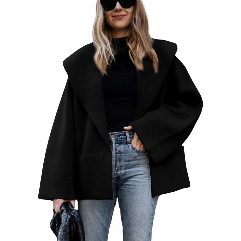 imageHooever Womens Shawl Collar Sweater Oversized Cardigan Open Front Fall Winter Cropped Knit SweaterBlack