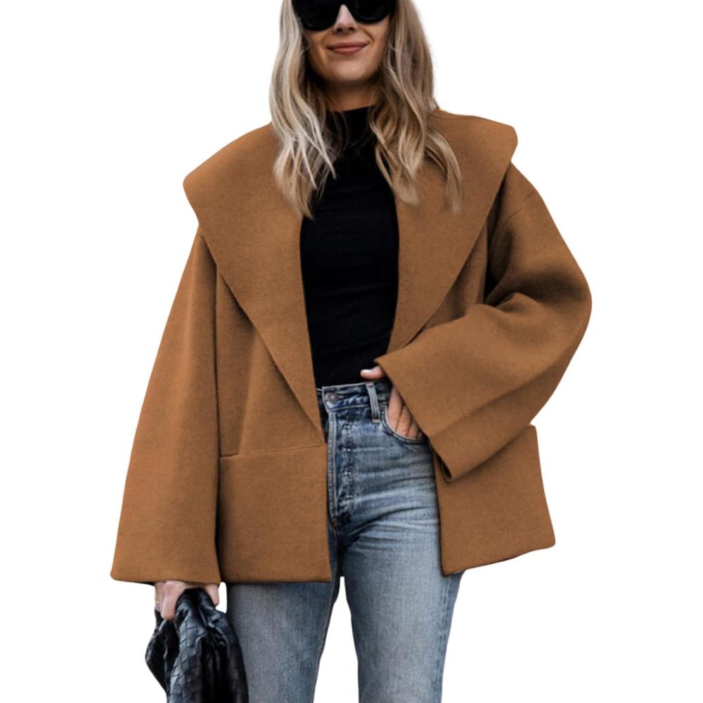 imageHooever Womens Shawl Collar Sweater Oversized Cardigan Open Front Fall Winter Cropped Knit SweaterCaramel