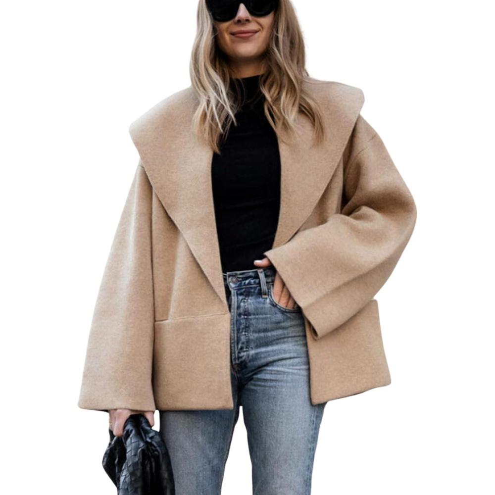 imageHooever Womens Shawl Collar Sweater Oversized Cardigan Open Front Fall Winter Cropped Knit SweaterKhaki