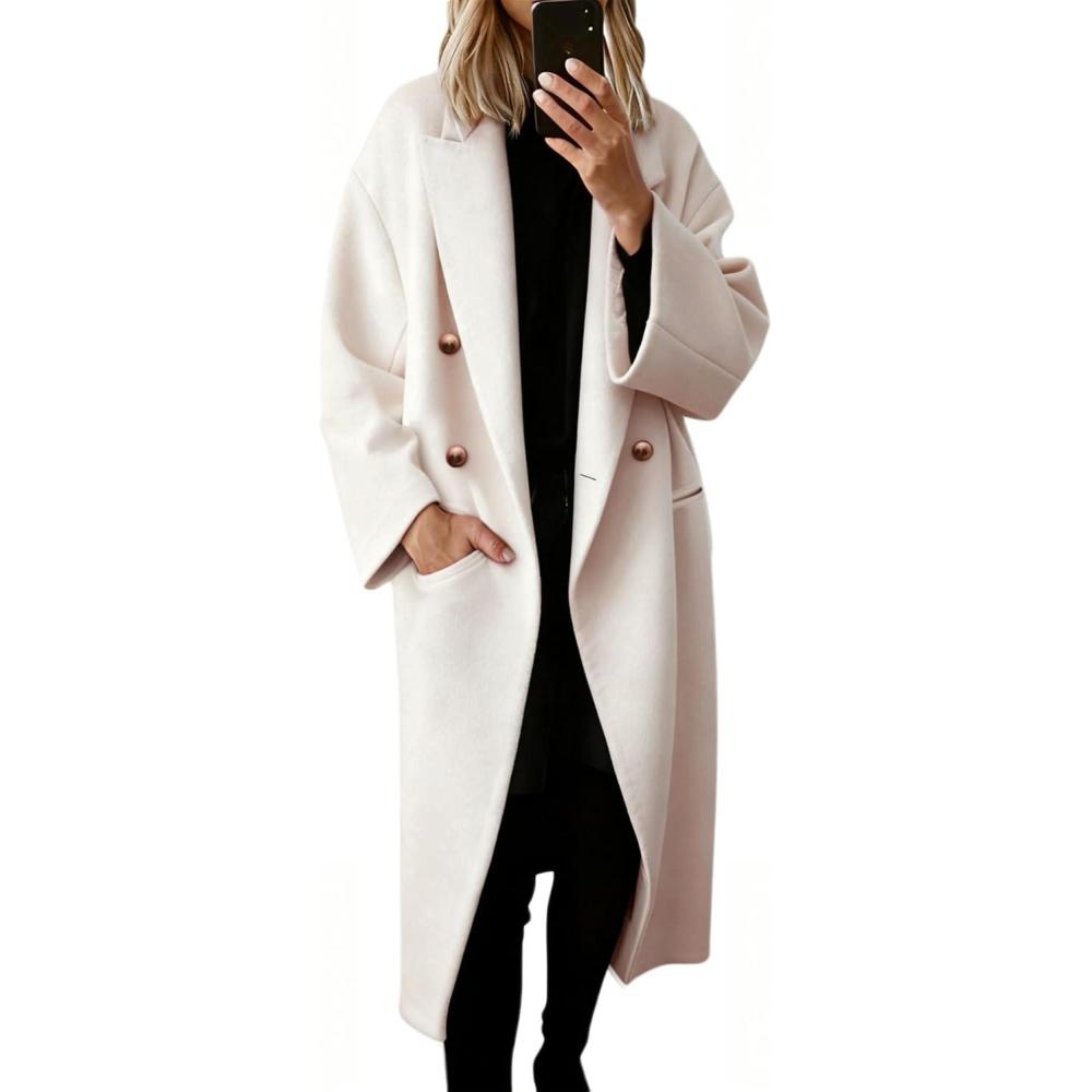 imageHooever Womens Winter Double Breasted Wool Coat Drop Shoulder Long Sleeve Notch Lapel Long Trench CoatApricot