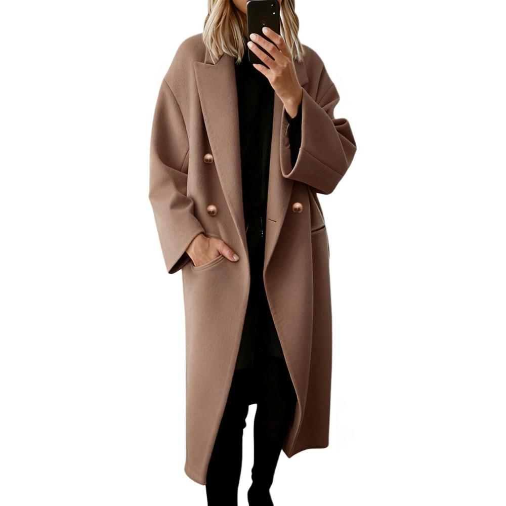 imageHooever Womens Winter Double Breasted Wool Coat Drop Shoulder Long Sleeve Notch Lapel Long Trench CoatCamel
