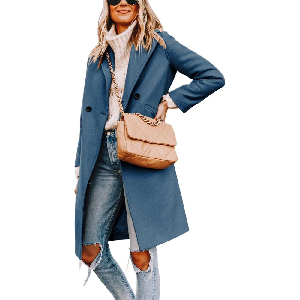 imageHooever Womens Winter Wool Coat Casual Notch Lapel SingleBreasted PeacoatBlue
