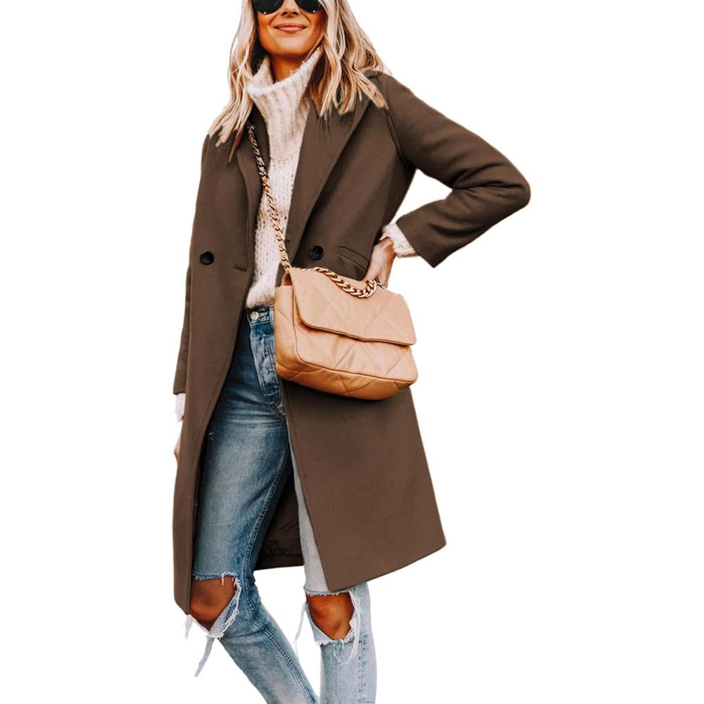 imageHooever Womens Winter Wool Coat Casual Notch Lapel SingleBreasted PeacoatBrown