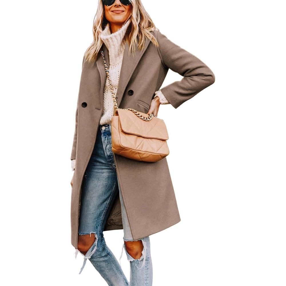 imageHooever Womens Winter Wool Coat Casual Notch Lapel SingleBreasted PeacoatCamel