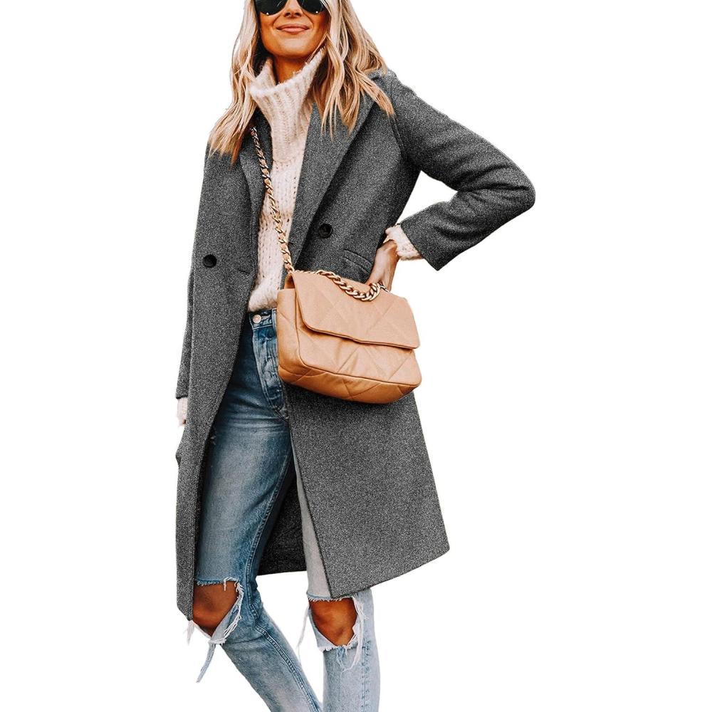 imageHooever Womens Winter Wool Coat Casual Notch Lapel SingleBreasted PeacoatDarkgrey