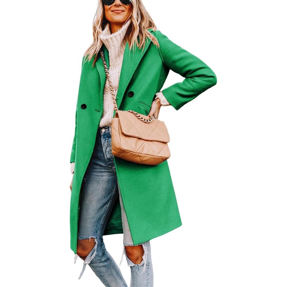 imageHooever Womens Winter Wool Coat Casual Notch Lapel SingleBreasted PeacoatGreen