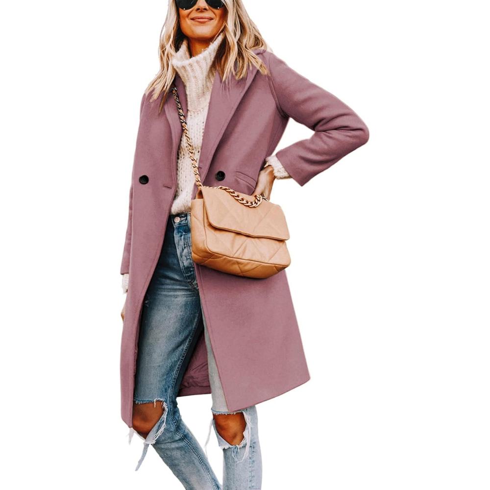 imageHooever Womens Winter Wool Coat Casual Notch Lapel SingleBreasted PeacoatPurple