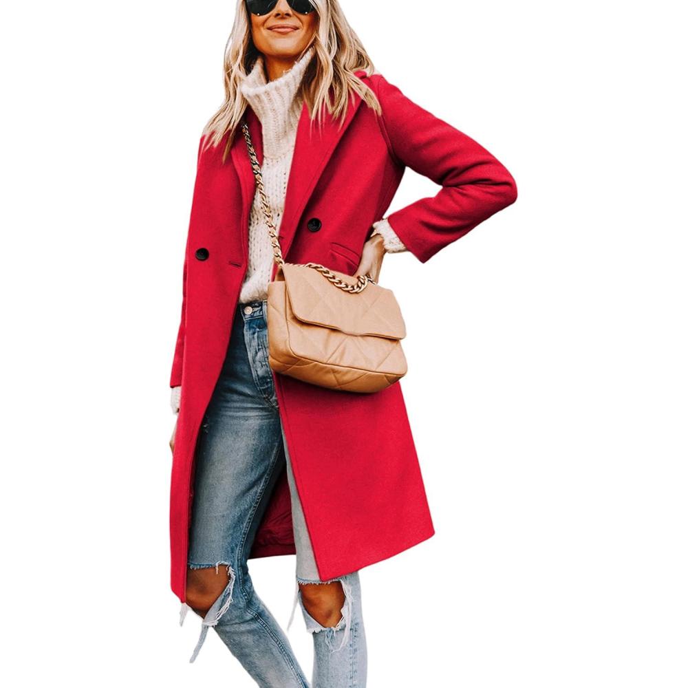imageHooever Womens Winter Wool Coat Casual Notch Lapel SingleBreasted PeacoatRed