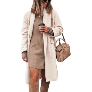 Hooever Women’s Long Cardigan Wool Coat Open Front Pockets Warm Lapel Jacket Coat Fall Outerwear(Beige)