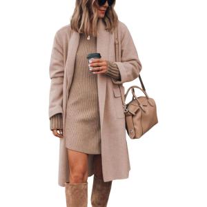 Hooever Women’s Long Cardigan Wool Coat Open Front Pockets Warm Lapel Jacket Coat Fall Outerwear(Pink)