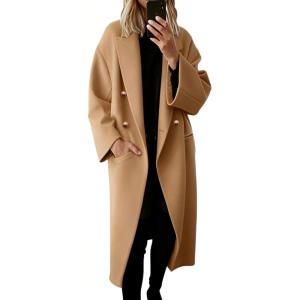 Hooever Women’s Winter Double Breasted Wool Coat Drop Shoulder Long Sleeve Notch Lapel Long Trench Coat(Khaki)