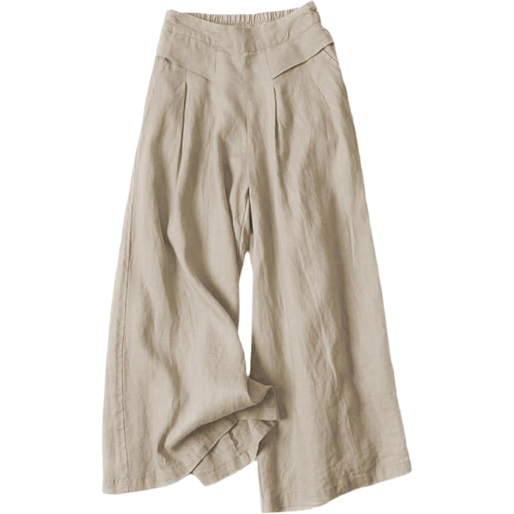 imageHooever Womens Cotton Linen Culottes Pants Elastic Waist Wide Leg Palazzo Trousers Capri PantLightkhaki