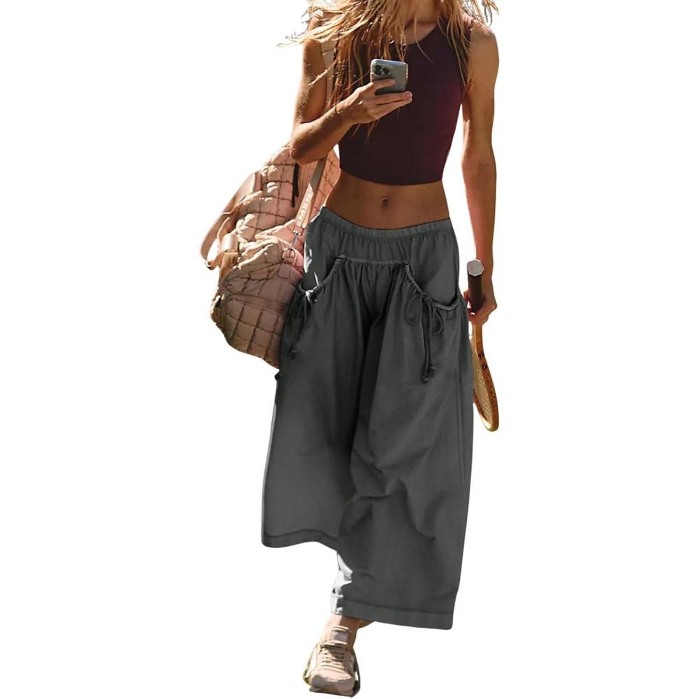 imageHooever Womens Loose Wide Leg Track Pants Drawstring Pockets Elastic Waist Capri Hiking PantsDarkgrey