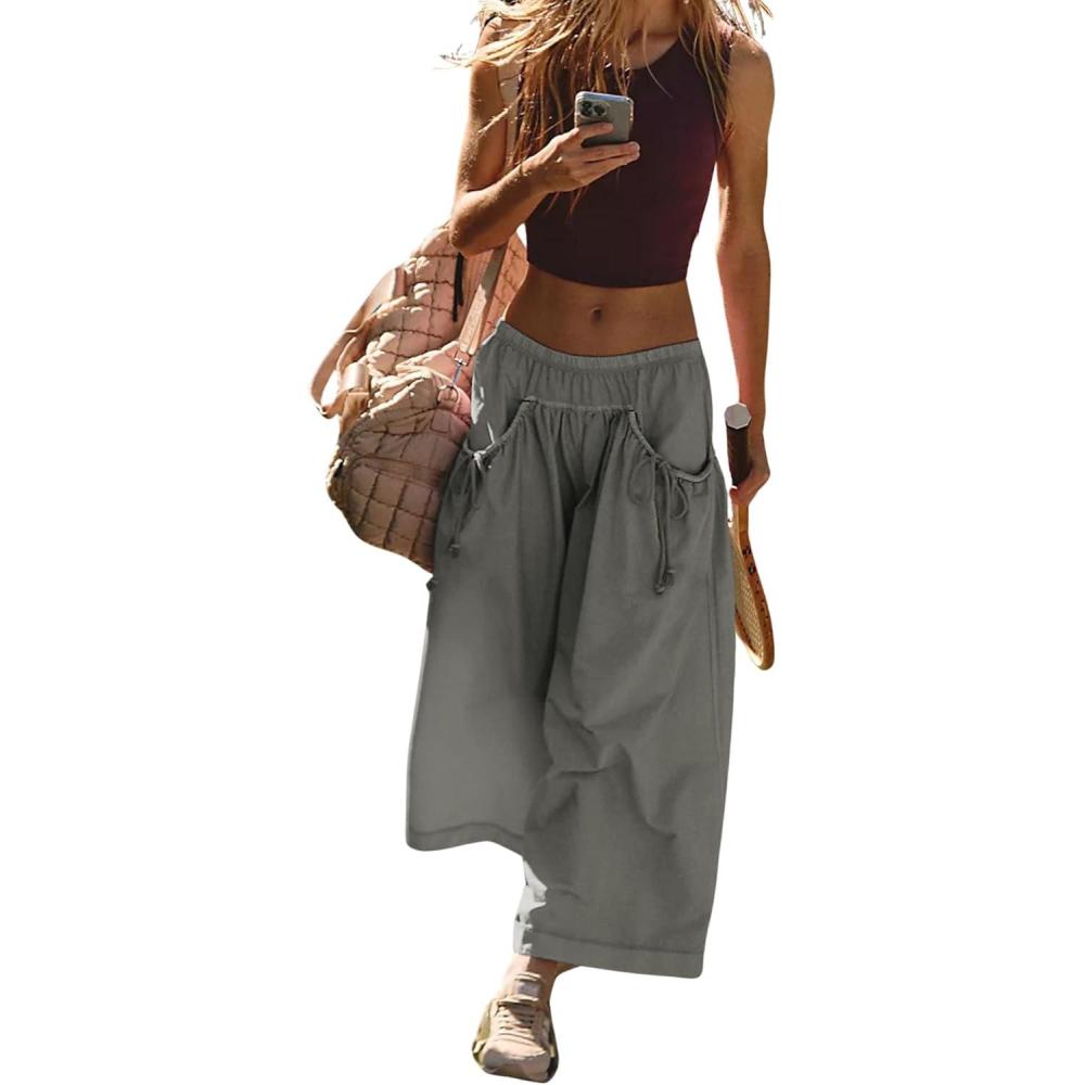 imageHooever Womens Loose Wide Leg Track Pants Drawstring Pockets Elastic Waist Capri Hiking PantsGrey