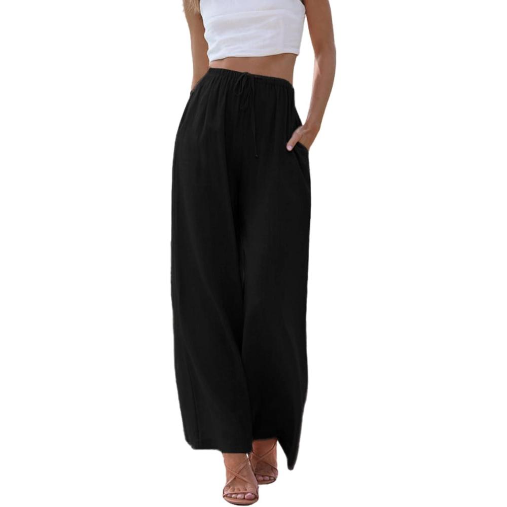 imageHooever Womens Wide Leg Cotton Linen Pants High Waist Adjustable Tie Knot Lounge TrousersBlack
