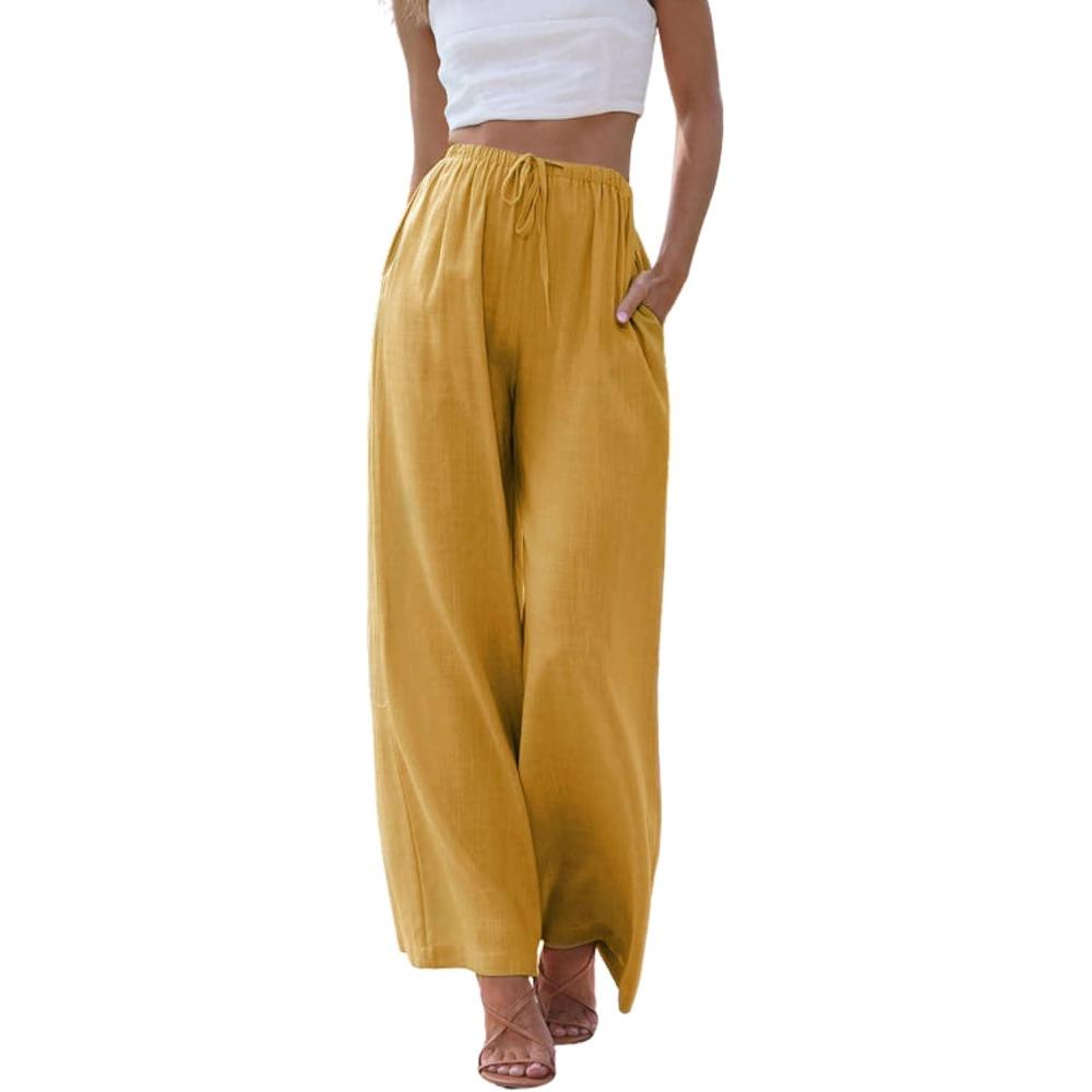 imageHooever Womens Wide Leg Cotton Linen Pants High Waist Adjustable Tie Knot Lounge TrousersYellow
