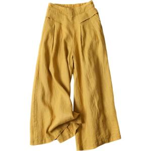 Hooever Women’s Cotton Linen Culottes Pants Elastic Waist Wide Leg Palazzo Trousers Capri Pant(Yellow)