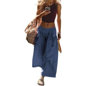 Hooever Women’s Loose Wide Leg Track Pants Drawstring Pockets Elastic Waist Capri Hiking Pants(Navyblue)