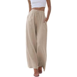 Hooever Women’s Wide Leg Cotton Linen Pants High Waist Adjustable Tie Knot Lounge Trousers(Khaki)