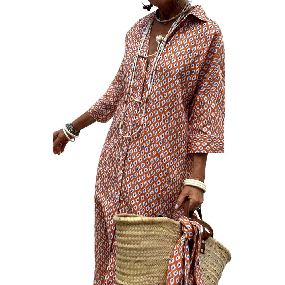 imageHooever Shirt Dresses for Women Casual Long Sleeve Button Down Loose Striped Cotton Maxi Shirt DressOrangeprint