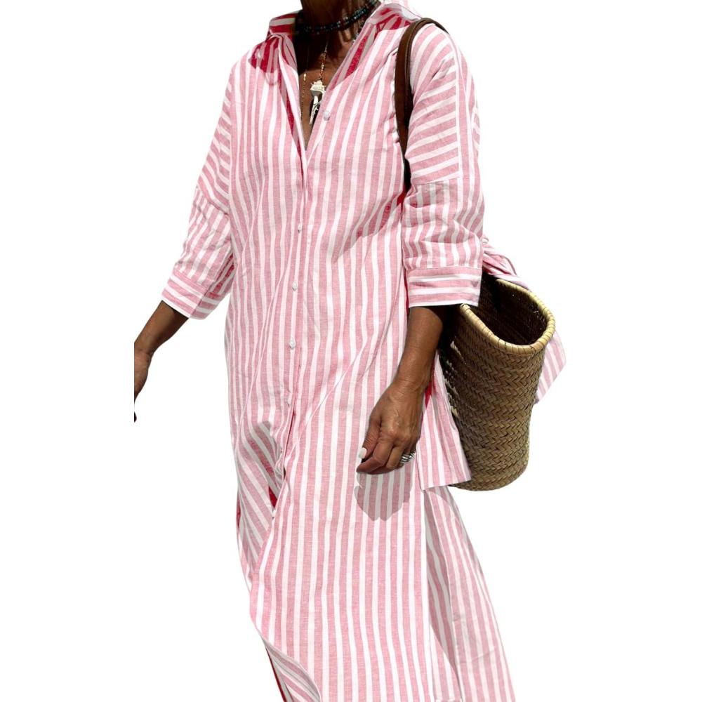 imageHooever Shirt Dresses for Women Casual Long Sleeve Button Down Loose Striped Cotton Maxi Shirt DressPink