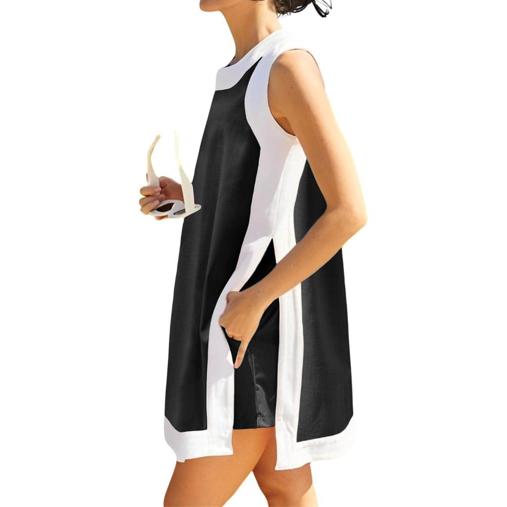 imageHooever Womens 2 Piece Sets Casual Color Block Crewneck Short Sleeve Pullover Tops Matching Shorts with PocketsBlack