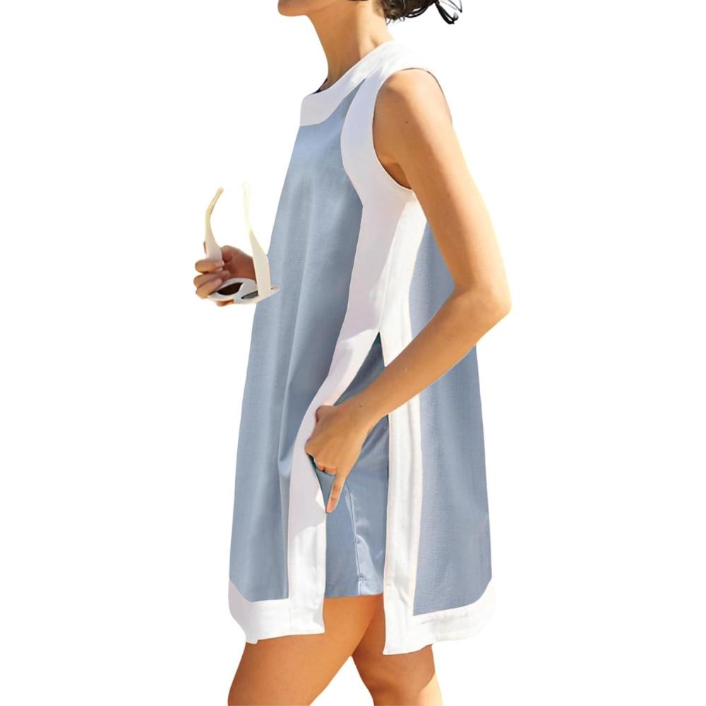 imageHooever Womens 2 Piece Sets Casual Color Block Crewneck Short Sleeve Pullover Tops Matching Shorts with PocketsGreyblue