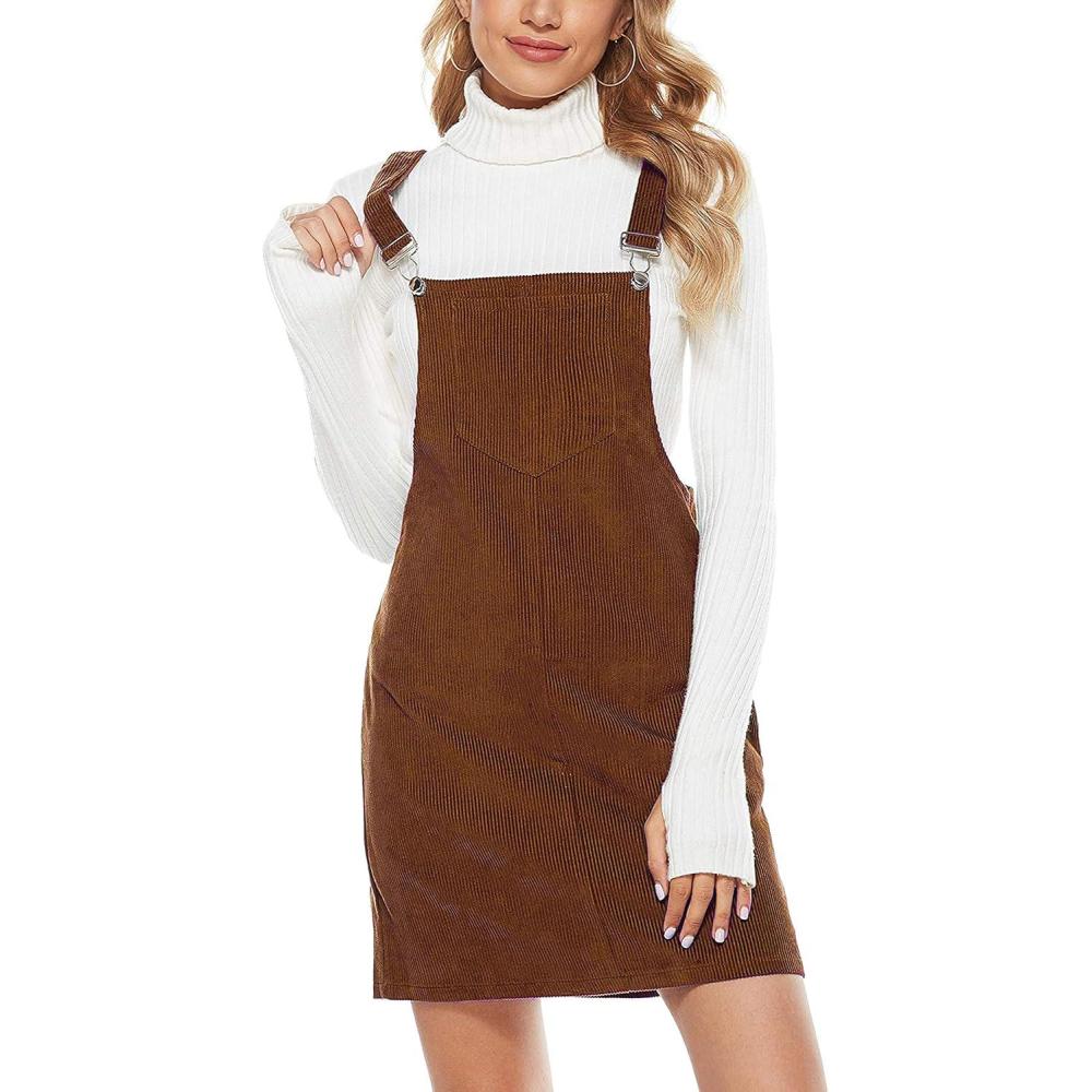 imageHooever Womens Cute Corduroy Overall Bib Dress Pinafore Suspender Dress Skirt JumperBrowndress