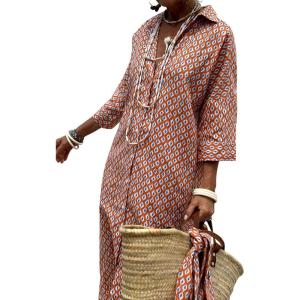 Hooever Shirt Dresses for Women Casual Long Sleeve Button Down Loose Striped Cotton Maxi Shirt Dress(Orangeprint)