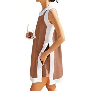 Hooever Women’s 2 Piece Sets Casual Color Block Crewneck Short Sleeve Pullover Tops Matching Shorts with Pockets(Darkkhaki)