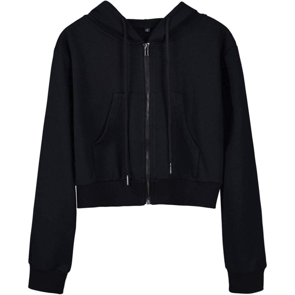 imageHooever Womens Cute Workout Cropped Zip Up Drawstring Hoodie Sweatshirt JacketBlack