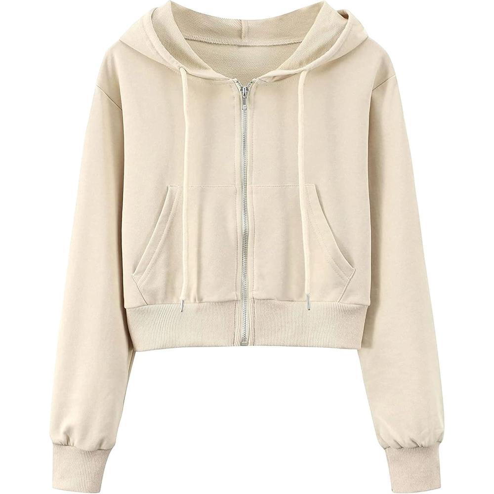 imageHooever Womens Cute Workout Cropped Zip Up Drawstring Hoodie Sweatshirt JacketKhaki