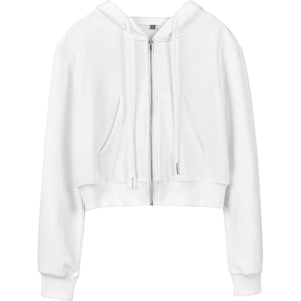 imageHooever Womens Cute Workout Cropped Zip Up Drawstring Hoodie Sweatshirt JacketWhite