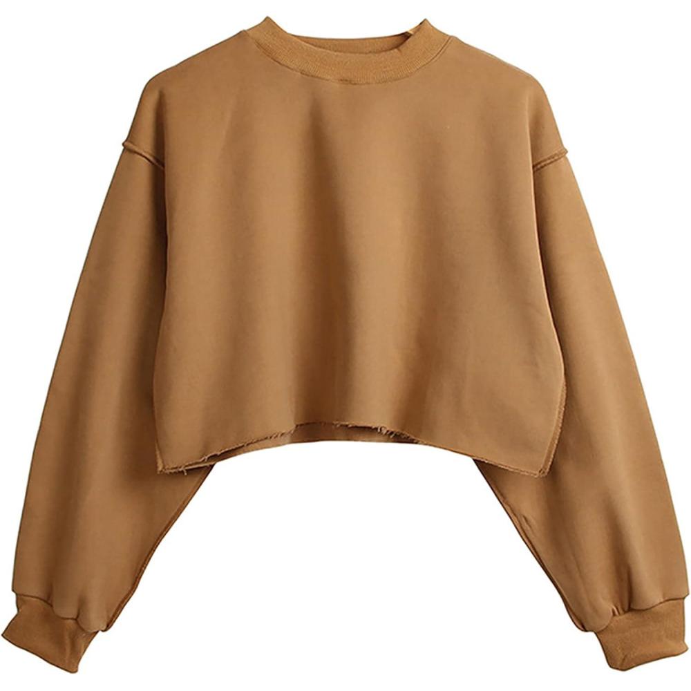 imageHooever Womens Pullover Cropped Sweatshirt Crewneck Long sleeve Fleece Basic TopsKhakiM
