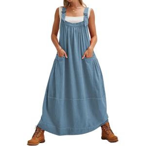 Hooever Barrel Overall Dress for Women Loose Adjutable Strap Big Pockets Jumper Dress Midi Bib Overall(Blue)