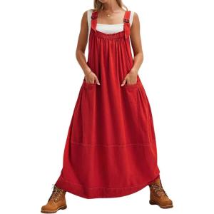 Hooever Barrel Overall Dress for Women Loose Adjutable Strap Big Pockets Jumper Dress Midi Bib Overall(Red)