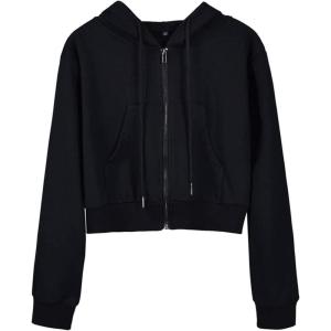 Hooever Womens Cute Workout Cropped Zip Up Drawstring Hoodie Sweatshirt Jacket(Black)