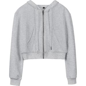Hooever Womens Cute Workout Cropped Zip Up Drawstring Hoodie Sweatshirt Jacket(Grey)