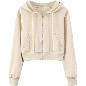 Hooever Womens Cute Workout Cropped Zip Up Drawstring Hoodie Sweatshirt Jacket(Khaki)