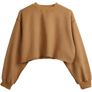 Hooever Women’s Pullover Cropped Sweatshirt Crewneck Long sleeve Fleece Basic Tops(Khaki-L)